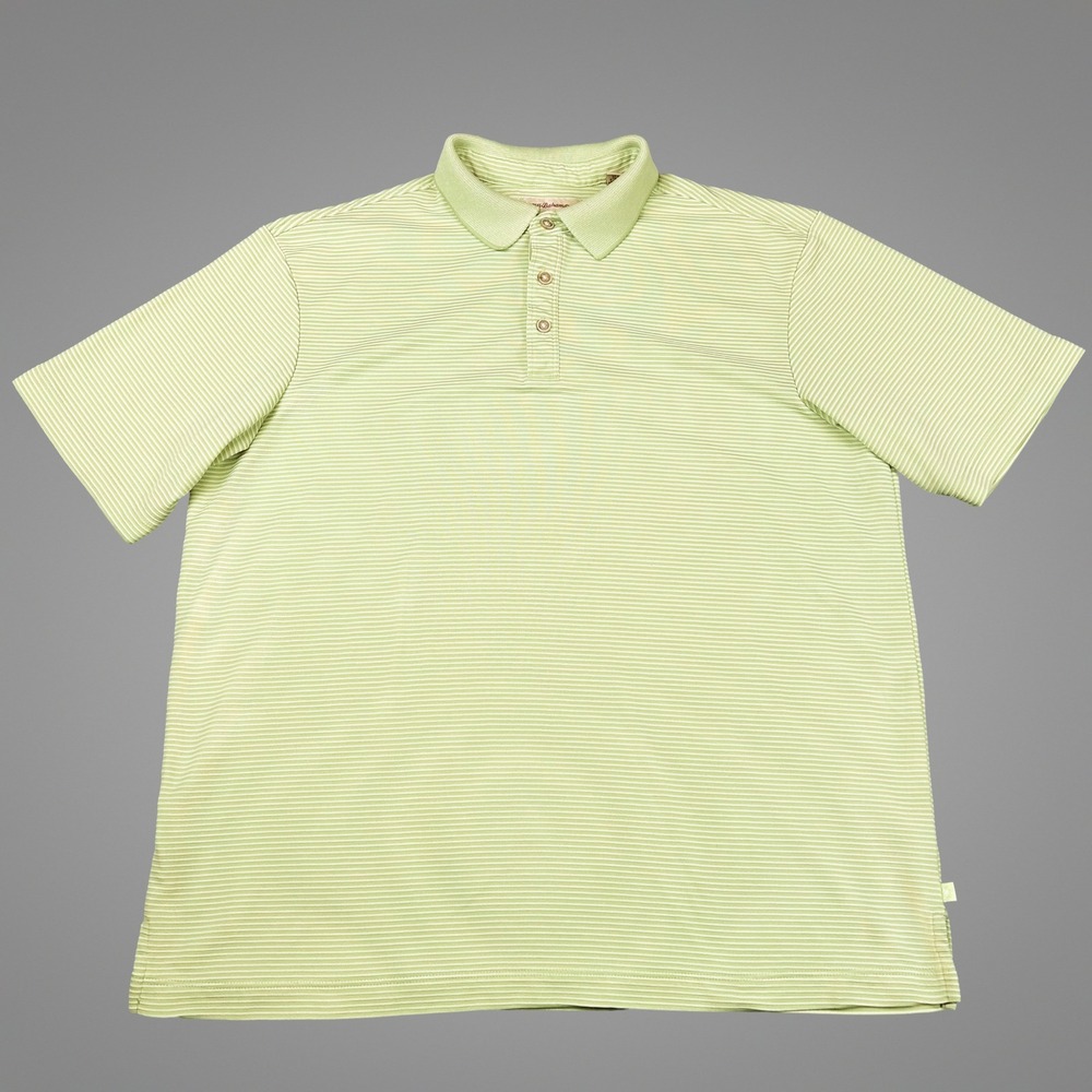 GUC Tommy Bahama Mens Large Lime Green Striped Short Sleeve Polo Golf Shirt